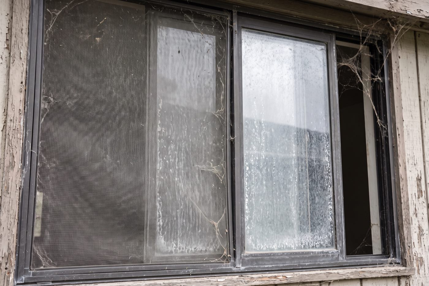 A window with hazy glass, hard water spotting and a dusty screen.