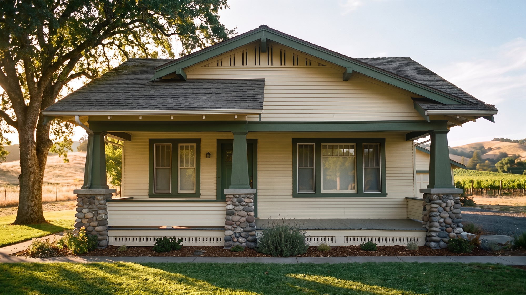 A cream and green California craftsman bungalow in golden afternoon light, freshly cleaned, with dry hills and a vineyard behind it.