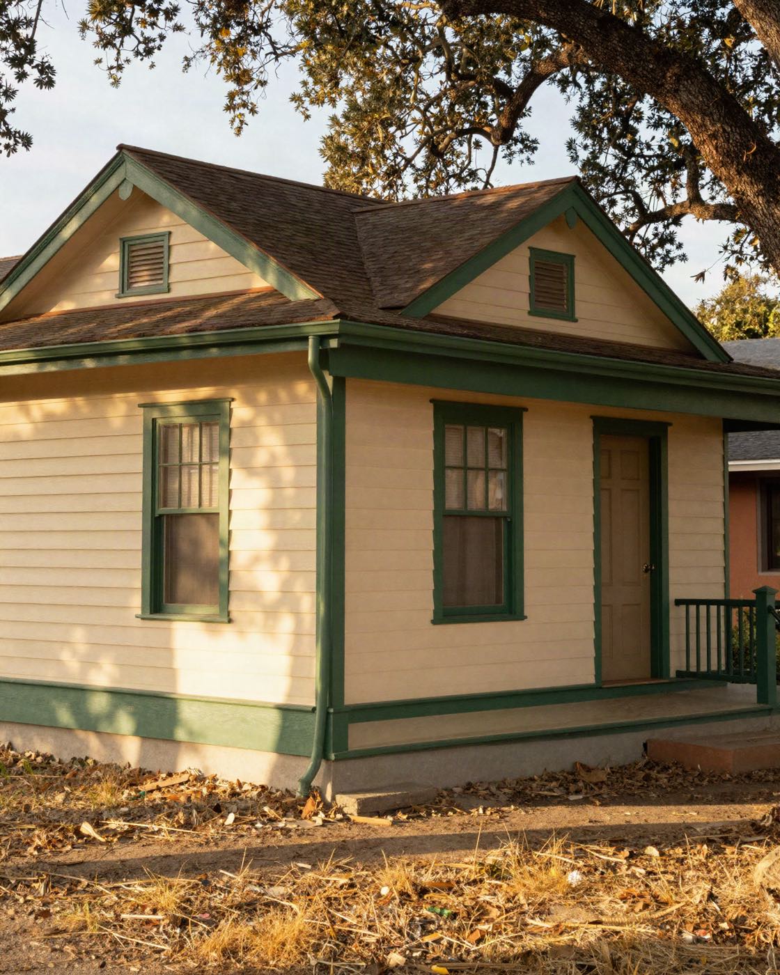 The corner of a cream and green Santa Rosa craftsman bungalow in late afternoon light, gutters clear along the eave.