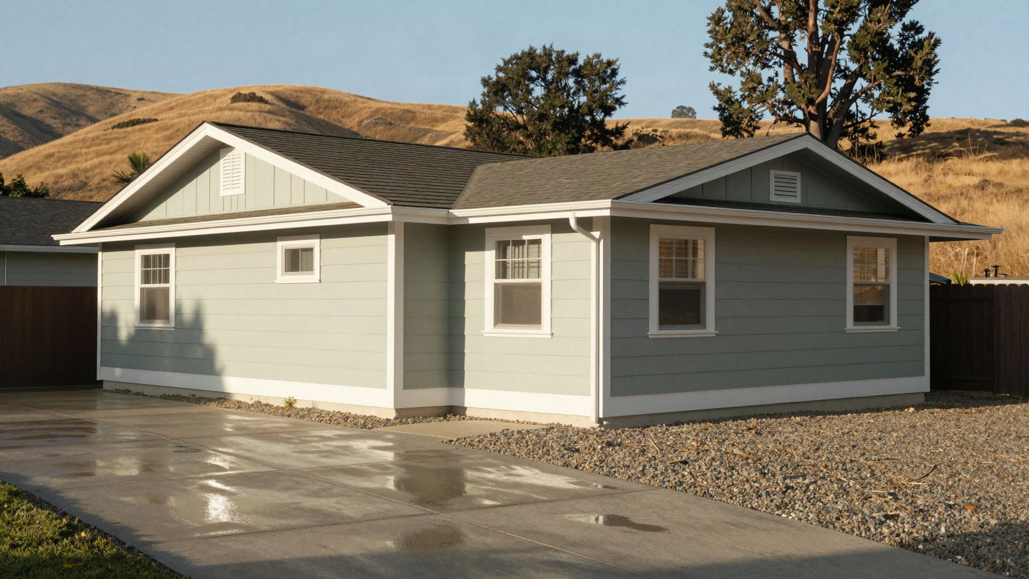 A single storey California ranch house in warm late afternoon light, freshly washed driveway still damp, dry hills behind.