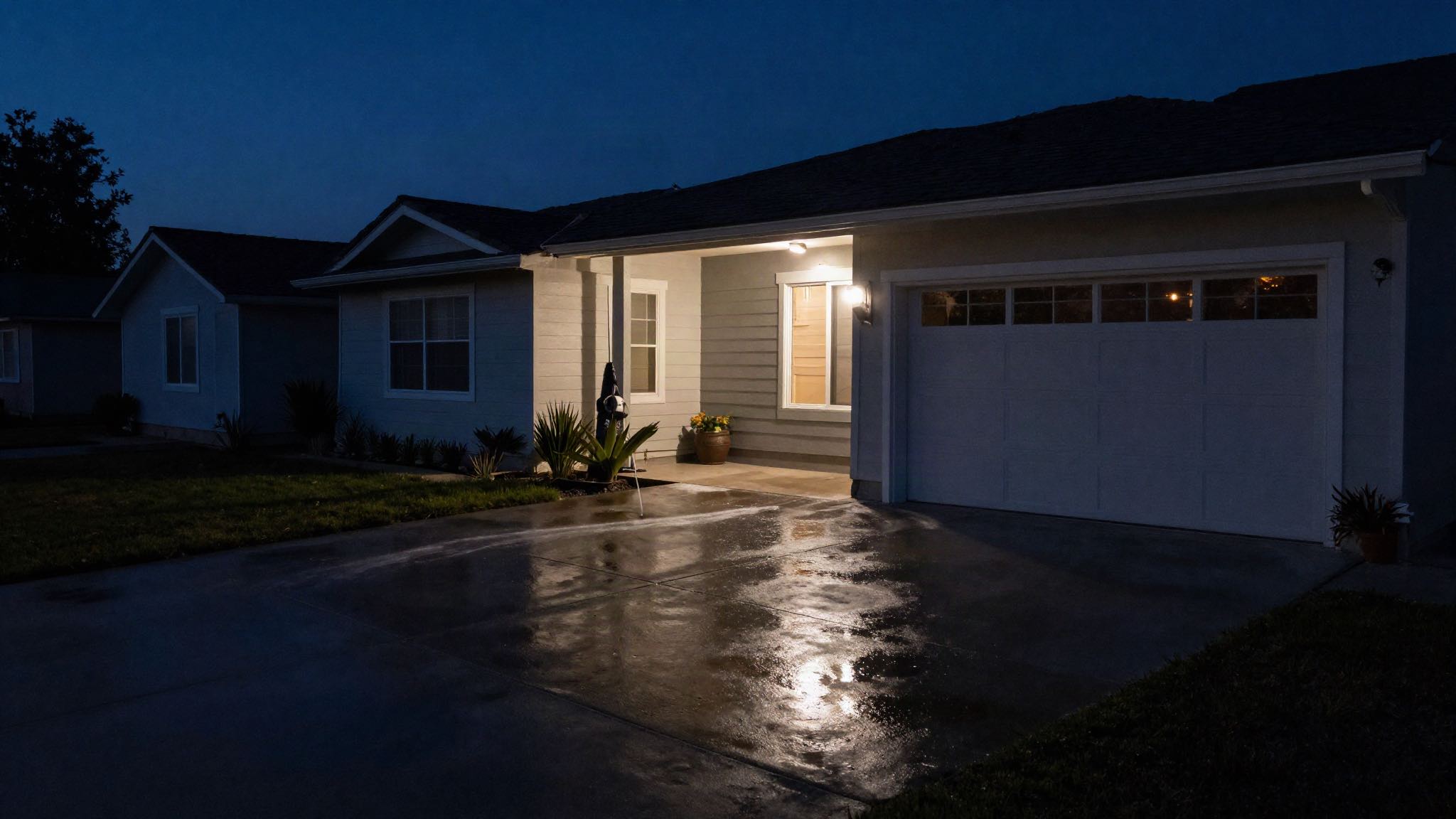 A California house at dusk, its freshly pressure washed driveway wet and reflecting the porch light.
