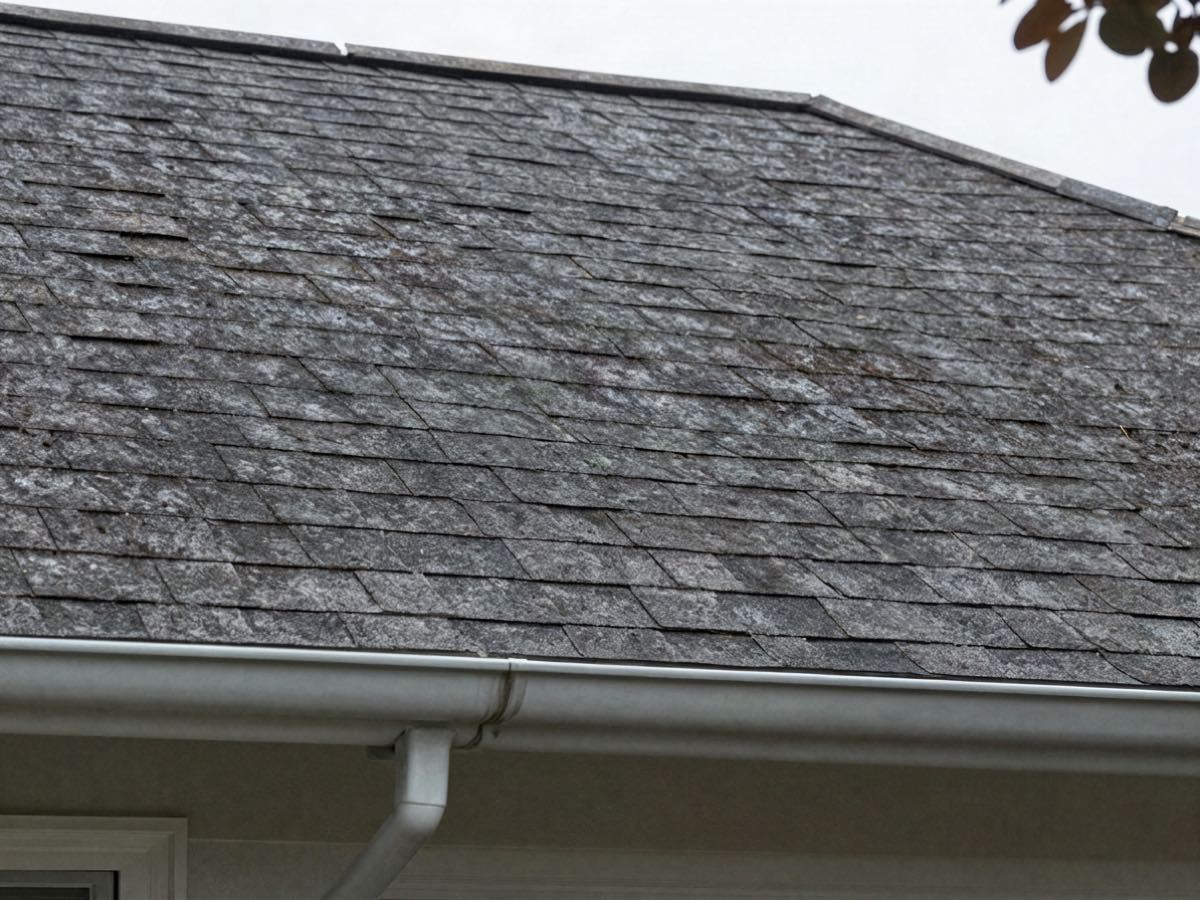 The same roofline with the gutter emptied and the shingles cleared of moss and leaf debris.