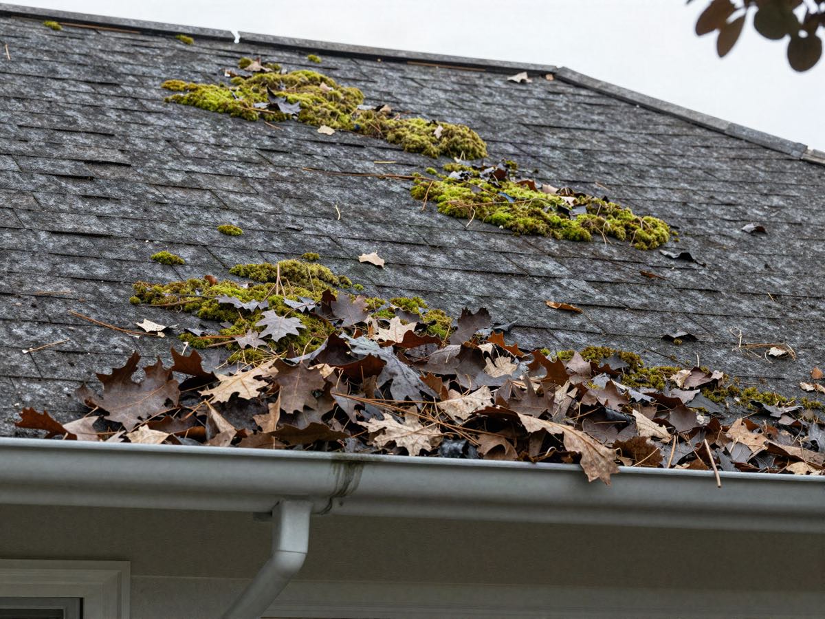 A gutter packed solid with wet oak leaves and pine needles, moss growing across the shaded shingles above it.