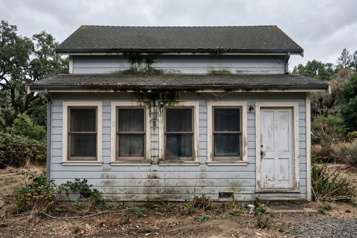 A weathered building with heavy green algae staining down the siding.